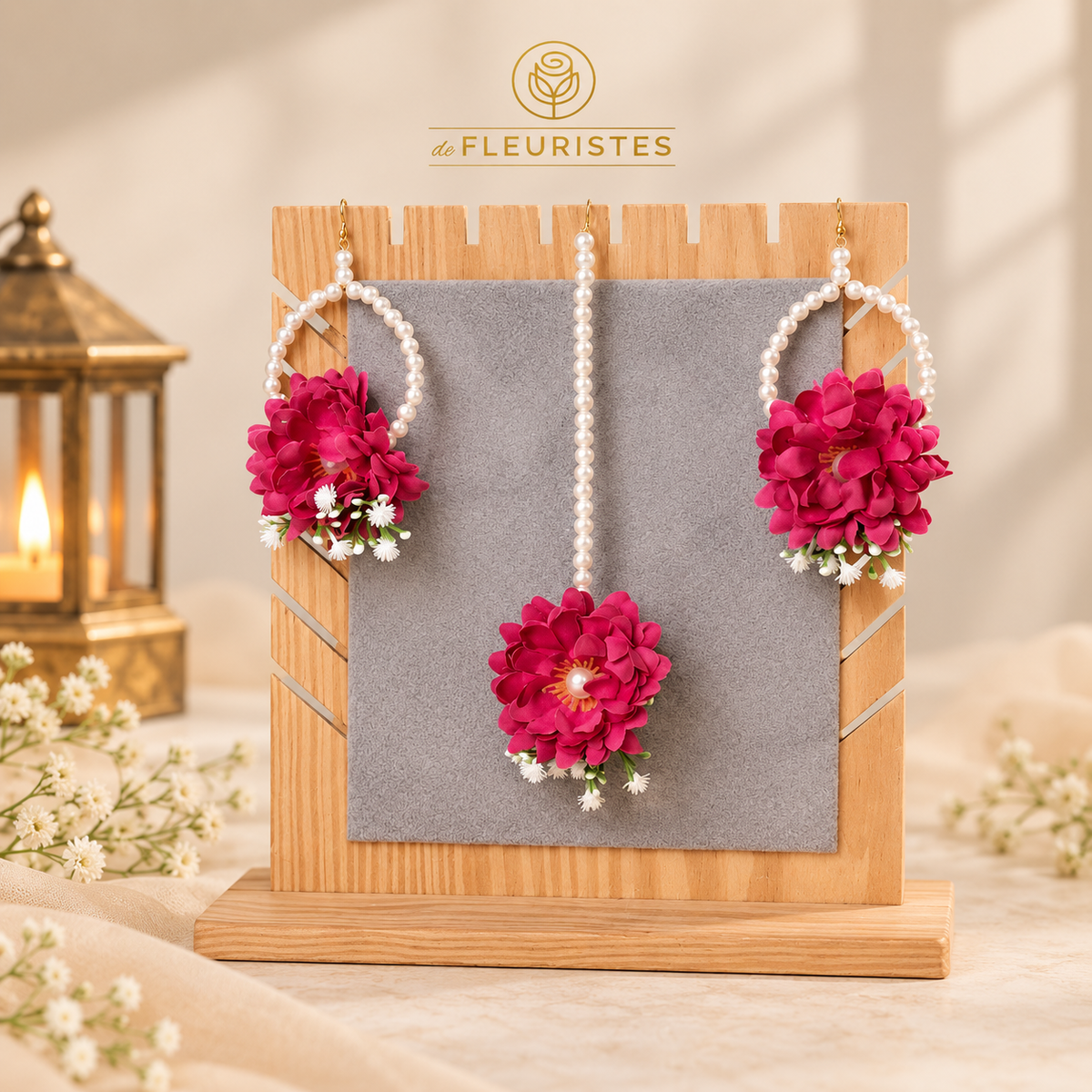 Fuchsia pink floral earrings and tikka for Mehndi, Dholki and bridal events