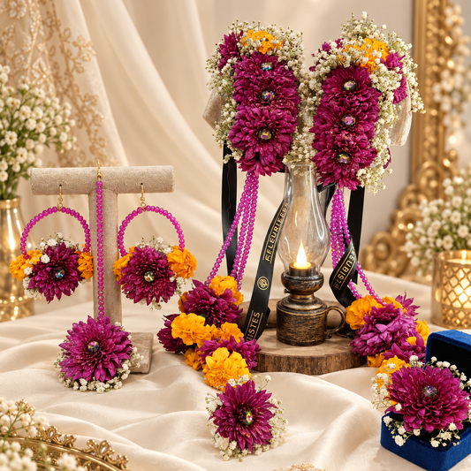 A styled tabletop display featuring magenta and orange floral arrangements with white baby's breath, a small lit oil lamp, and matching floral jewelry pieces on a cream draped fabric surface with gold decorative accents.
