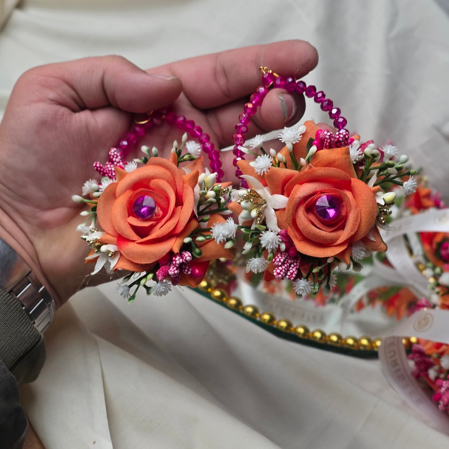 Full Set Image: De Fleuristes Orange Bliss: A complete handmade velvet rose jewelry set for Mehndi, Haldi, and May