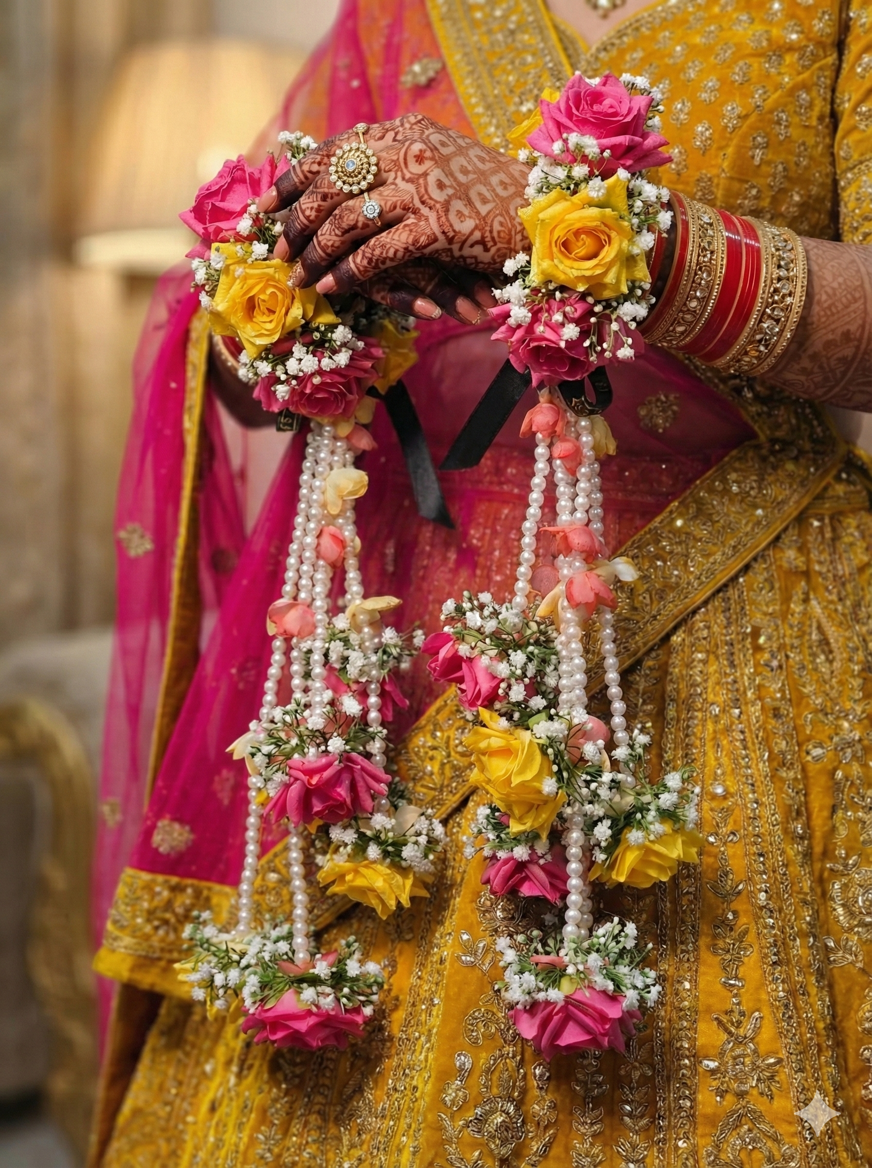 ntricate close-up view of the premium yellow artificial flowers and structural hanging chains on the Yellow Night kaleera set.
