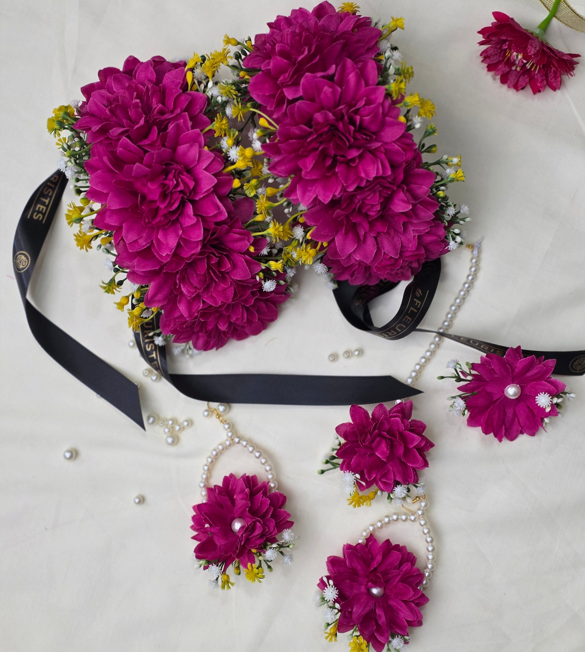 Hot Pink Bliss bridal floral jewelry set featuring vibrant premium artificial flowers and dried accents by De Fleuristes.