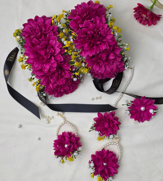 Hot Pink Bliss bridal floral jewelry set featuring vibrant premium artificial flowers and dried accents by De Fleuristes.