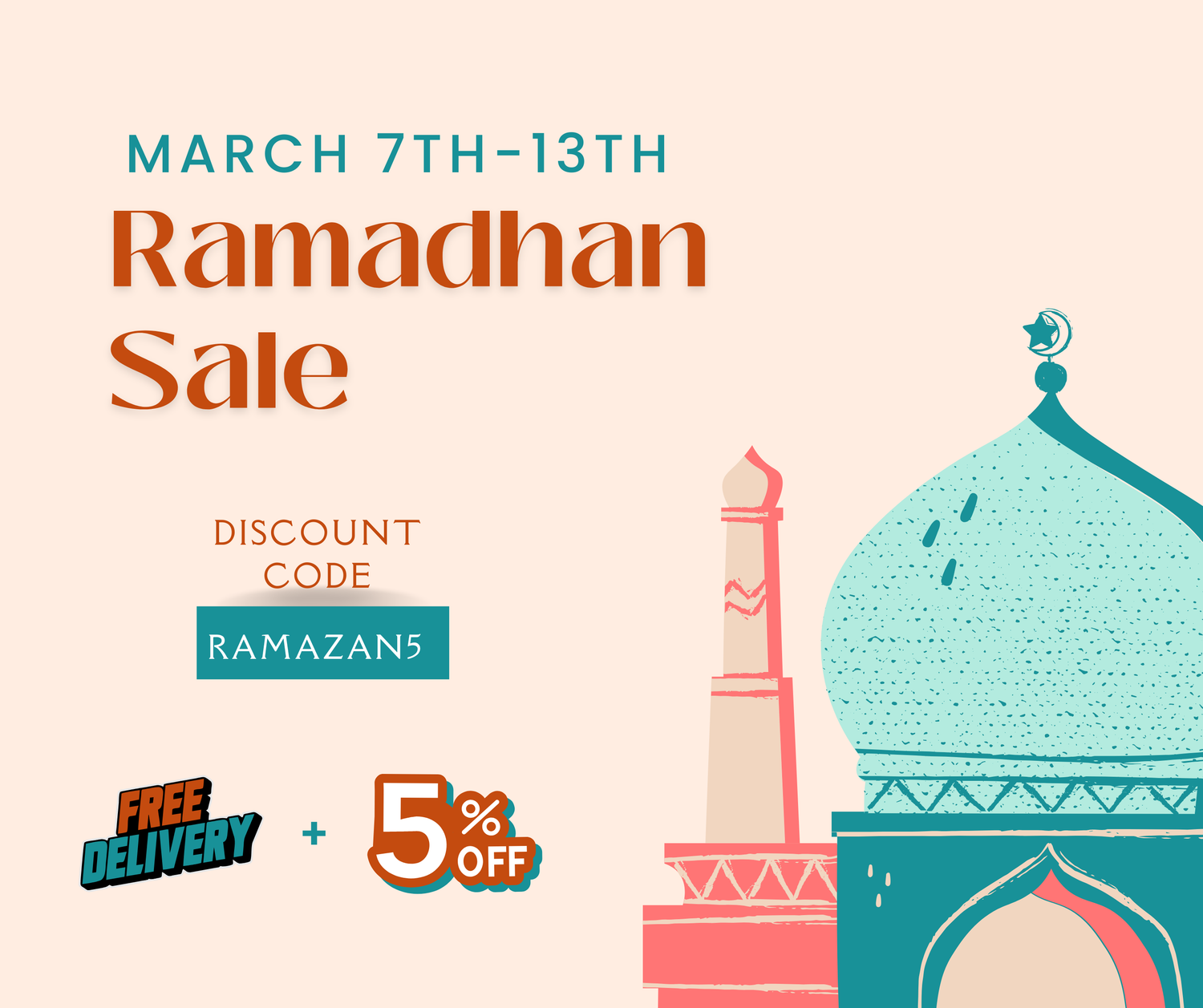 Promotional graphic for a Ramadhan sale with a mosque illustration, discount code, and promotional text.