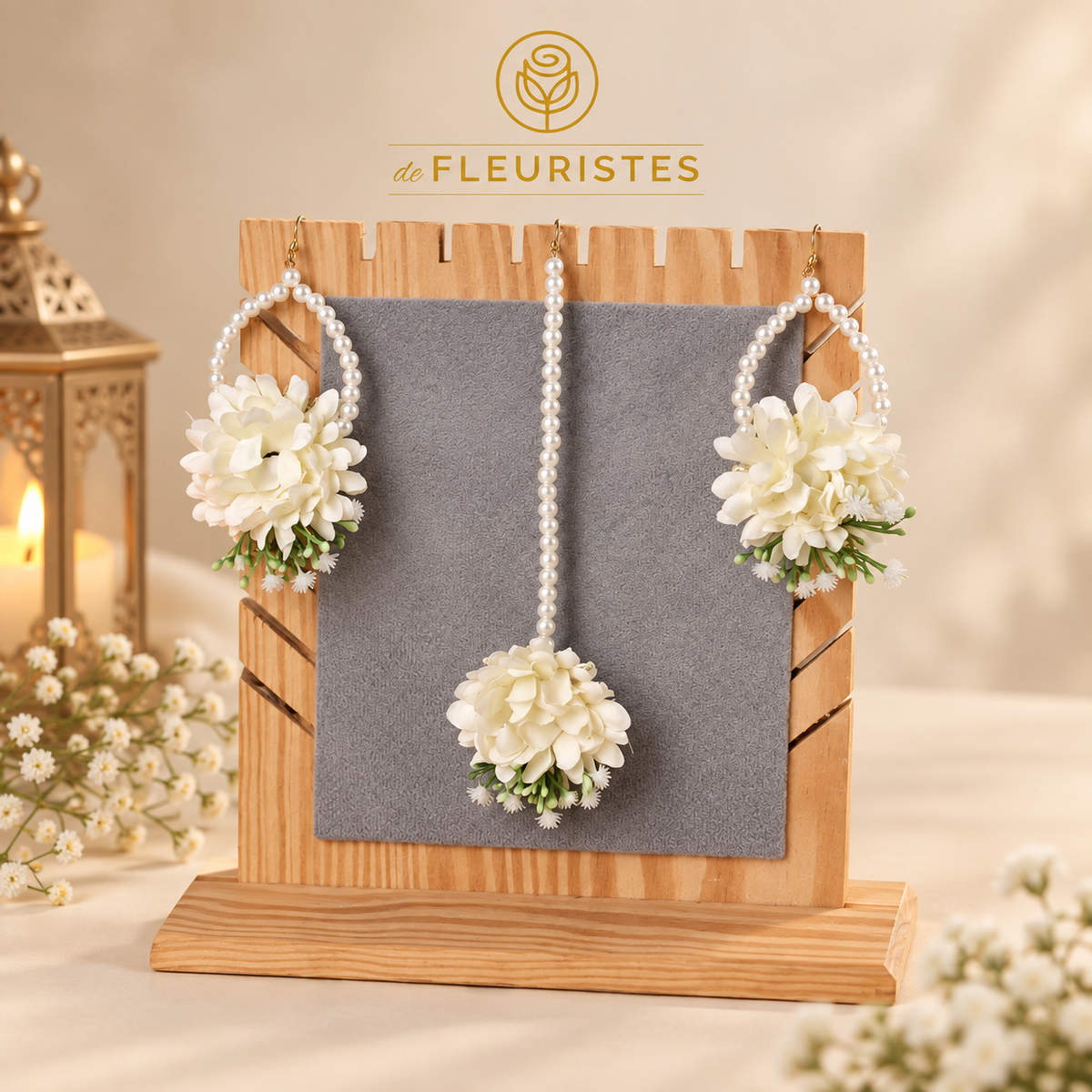 Ivory white floral earrings and tikka with pearl hoops for bridal wedding looks