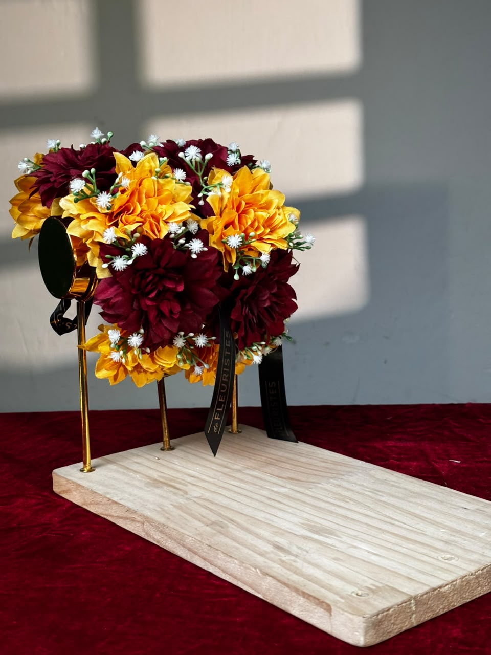 Mehndi Rang maroon and mustard dahlia artificial gajra pair with baby's breath