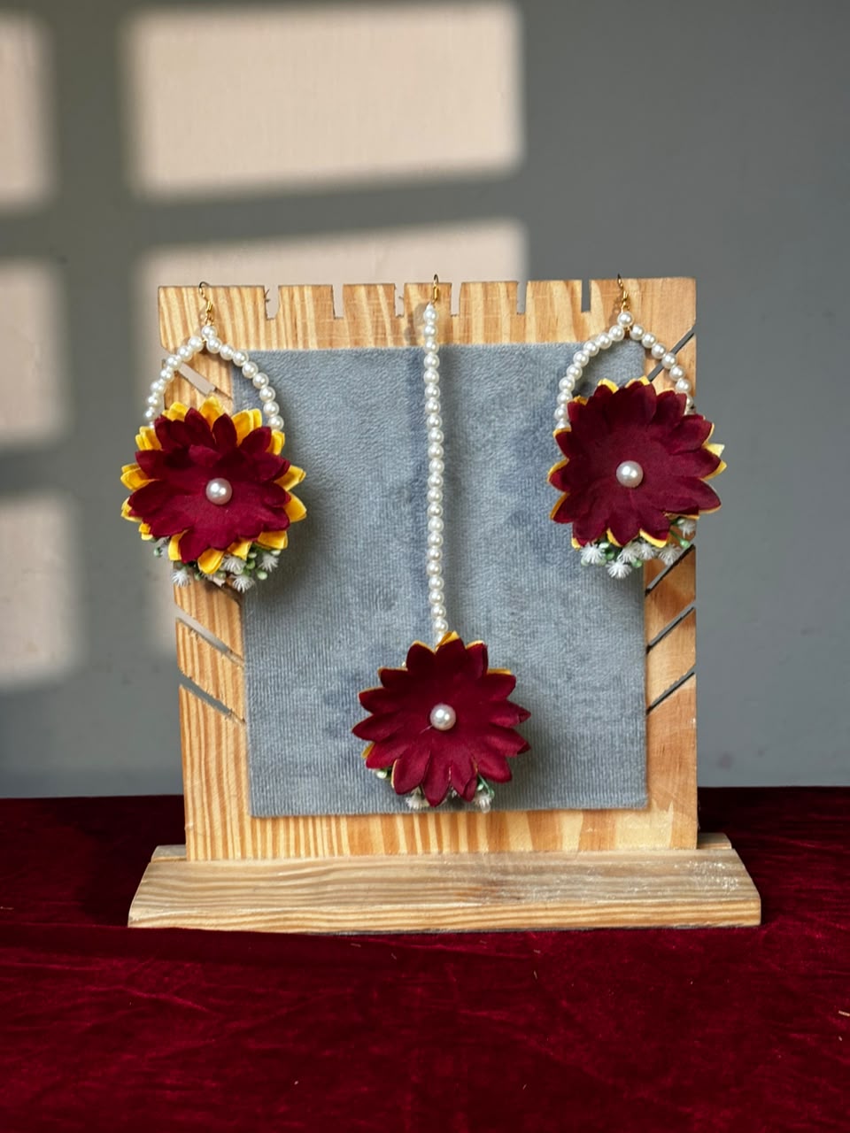 Mehndi Rang maroon and mustard floral earrings with pearl hoops and maang tikka