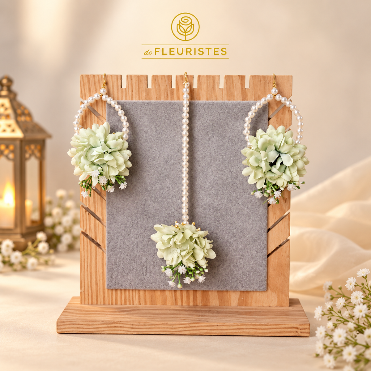Mint sage floral earrings with matching tikka and pearl detailing