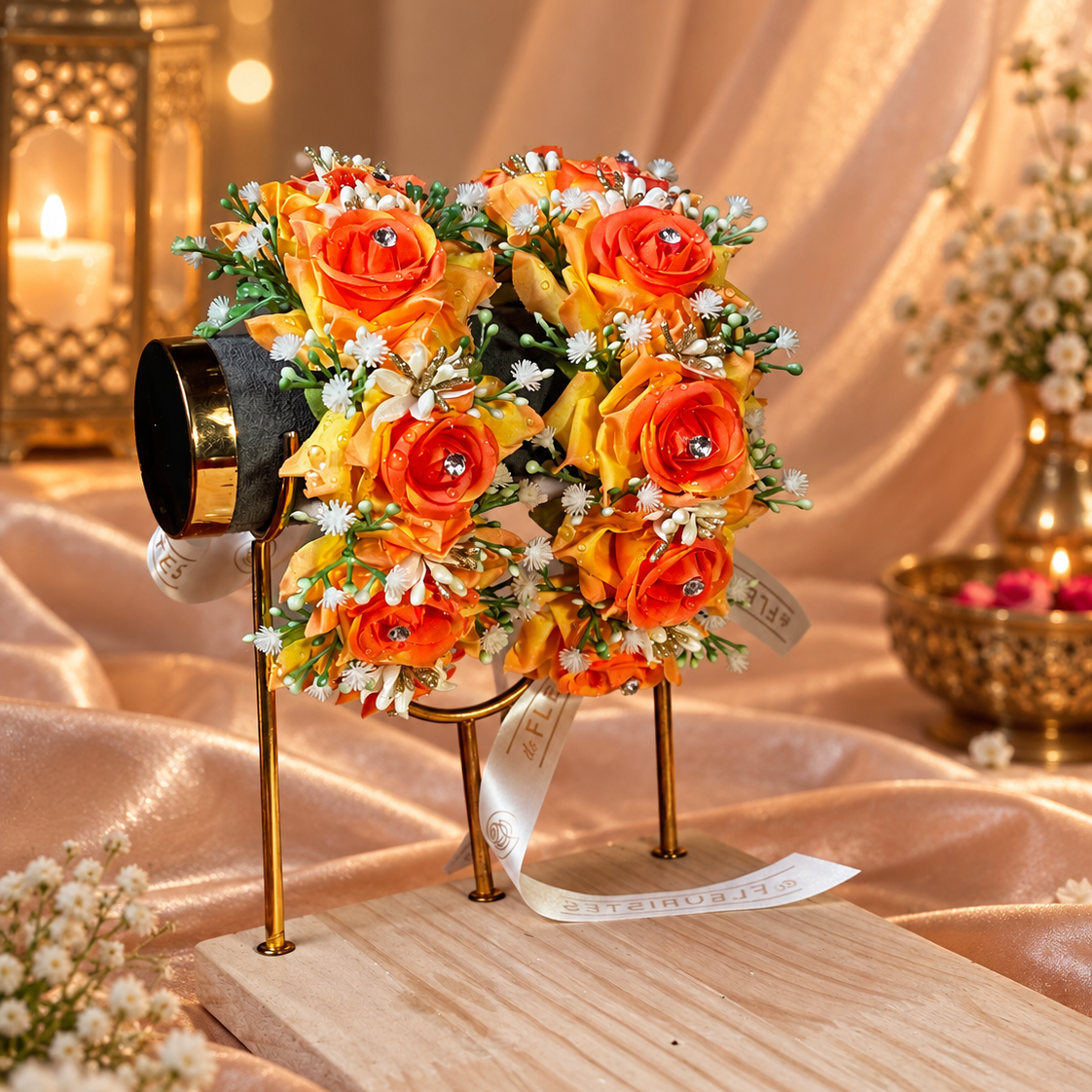 A decorative bouquet of artificial orange and yellow roses with green leaves and small white filler flowers, displayed on a gold stand over a wooden board in a warm, draped indoor setting.