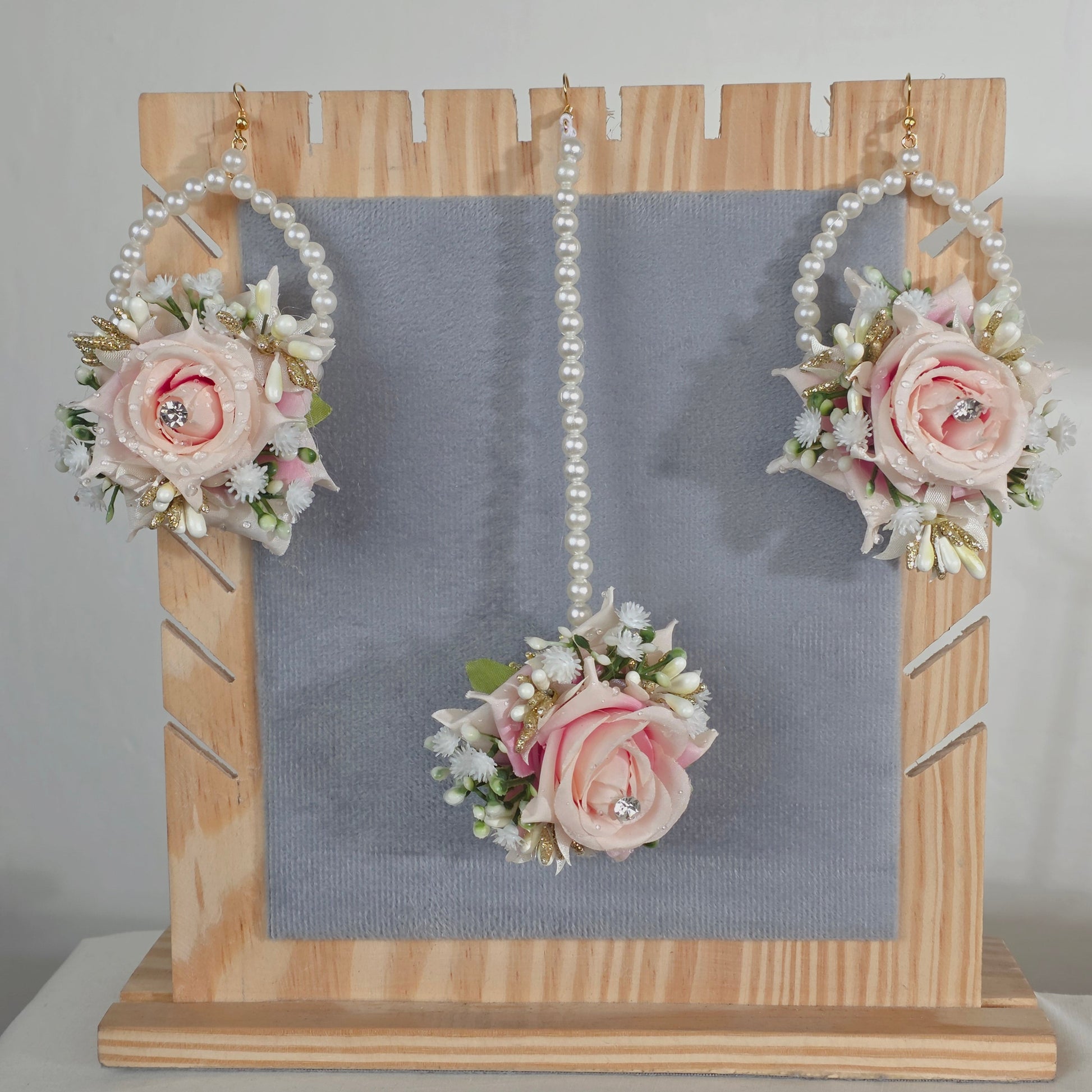 Elegant white rose artificial earrings set  and tikka