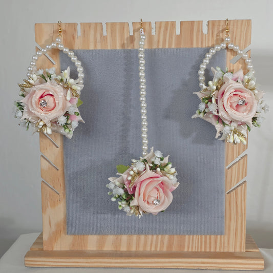 Elegant white rose artificial earrings set  and tikka