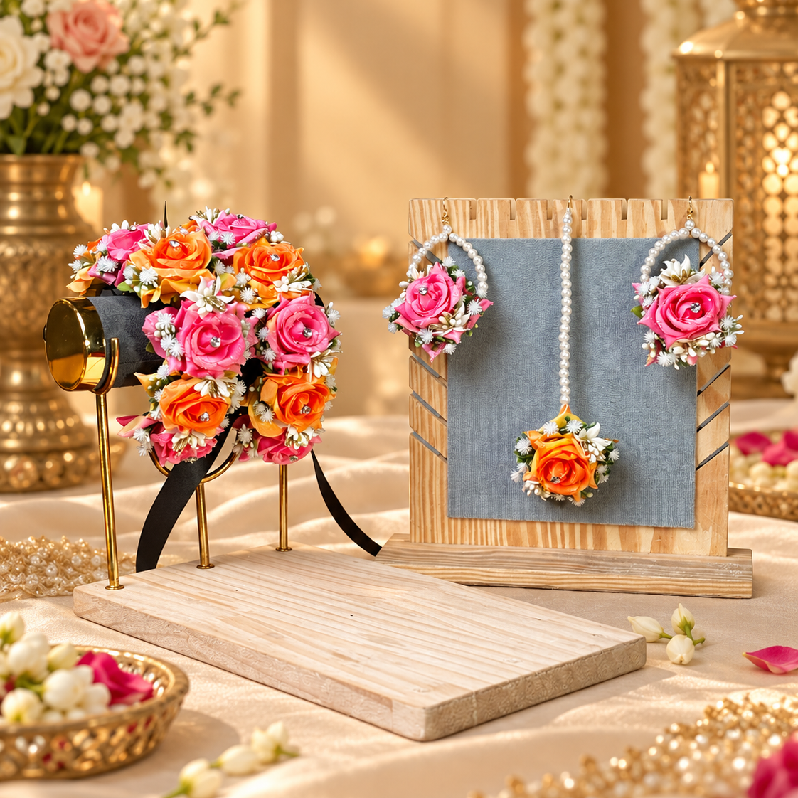 Complete Rang-e-Bahar artificial floral jewellery set featuring vibrant pink and orange roses, delicate white fillers, matching bridal gajras, pearl-loop earrings and floral tikka for Pakistani Mehndi and Mayon celebrations.