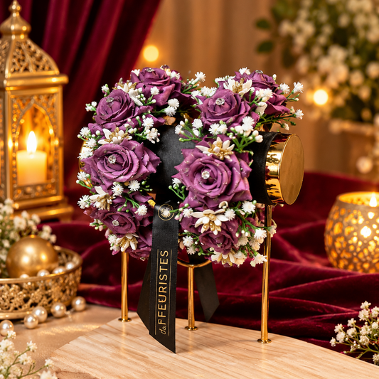 purpele rose gajrapurple roses and white baby's breath on a wooden base with gold stands, displayed in a warm, decorated setting with candles and velvet fabric.
