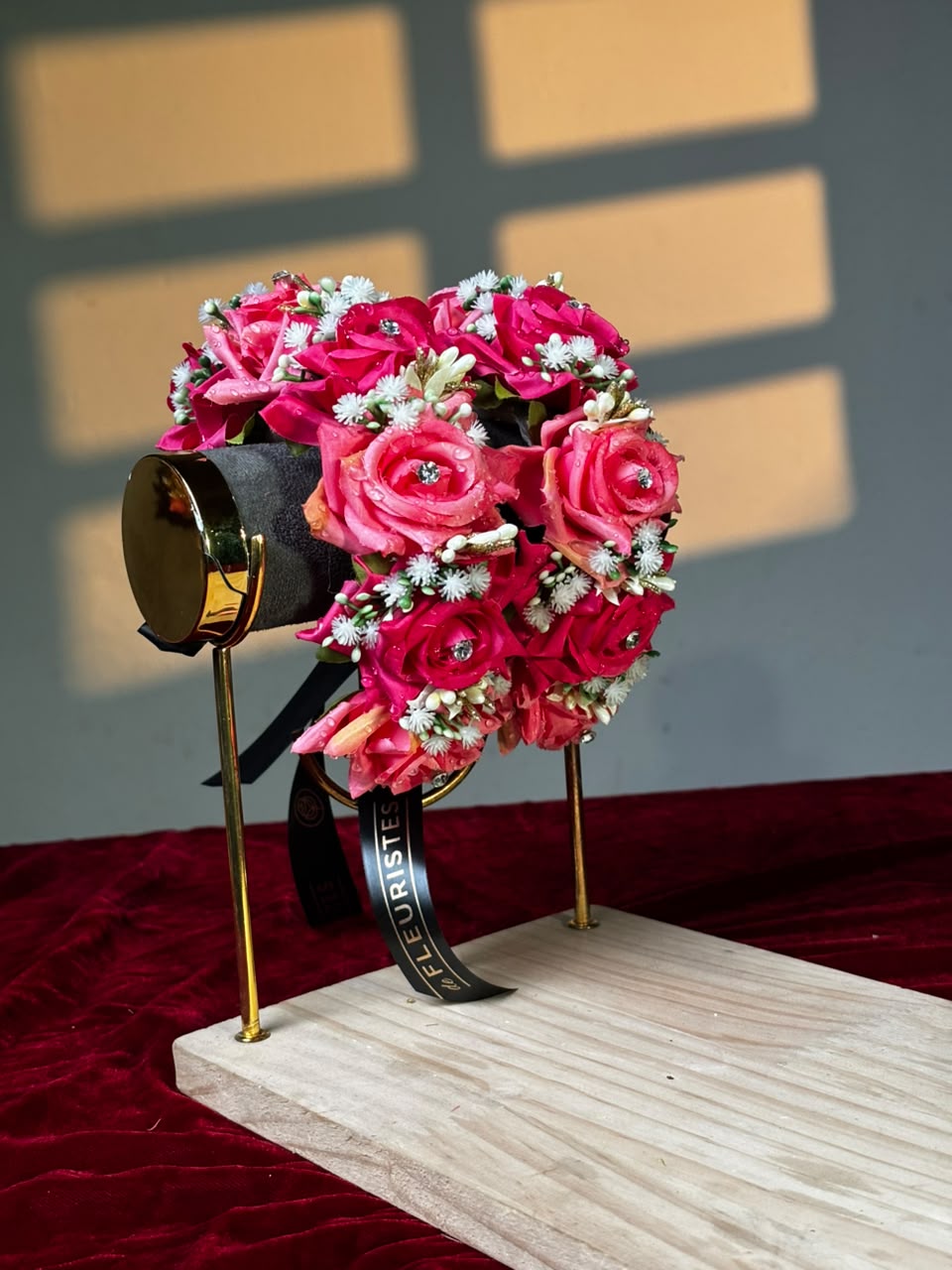 Rani Pink fuchsia and coral rose artificial gajra pair with rhinestones