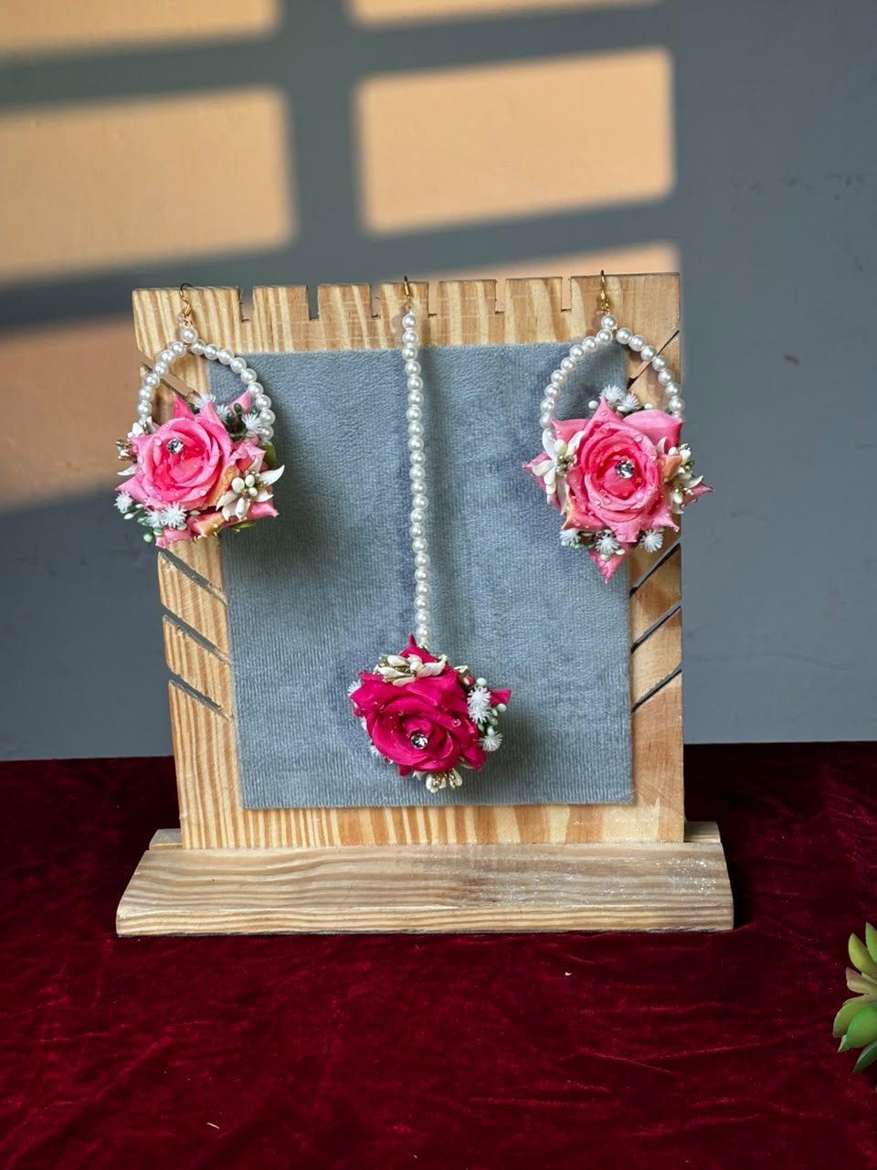 Rani Pink two-tone pink rose earrings with pearl hoops and maang tikka