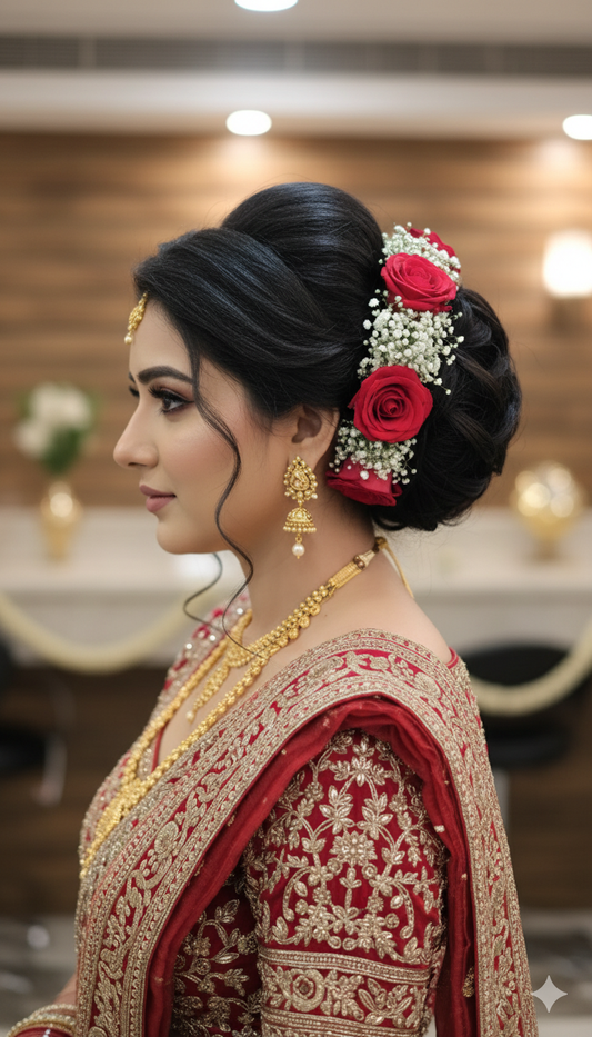 Red Rose and babysbreath hair Bun