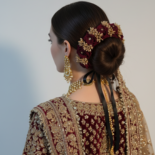Woman in traditional maroon and gold embroidered outfit with intricate hairpiece, Hair Bun, Hair Gajra and jewelry.