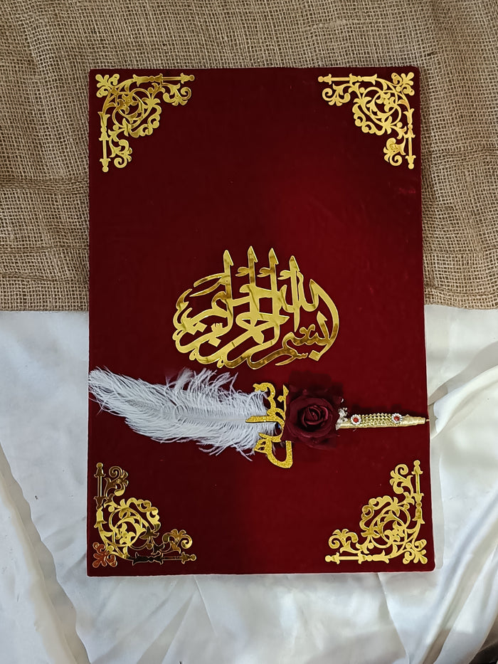 Nikah certificate booklet in plush velvet with golden acrylic