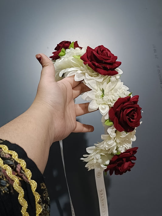 Red rose and white Chrysanthemum hair Bun