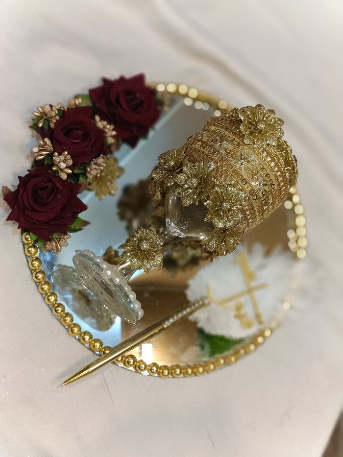 Doodh pilai glass with a matching tray for the Nikah rasam