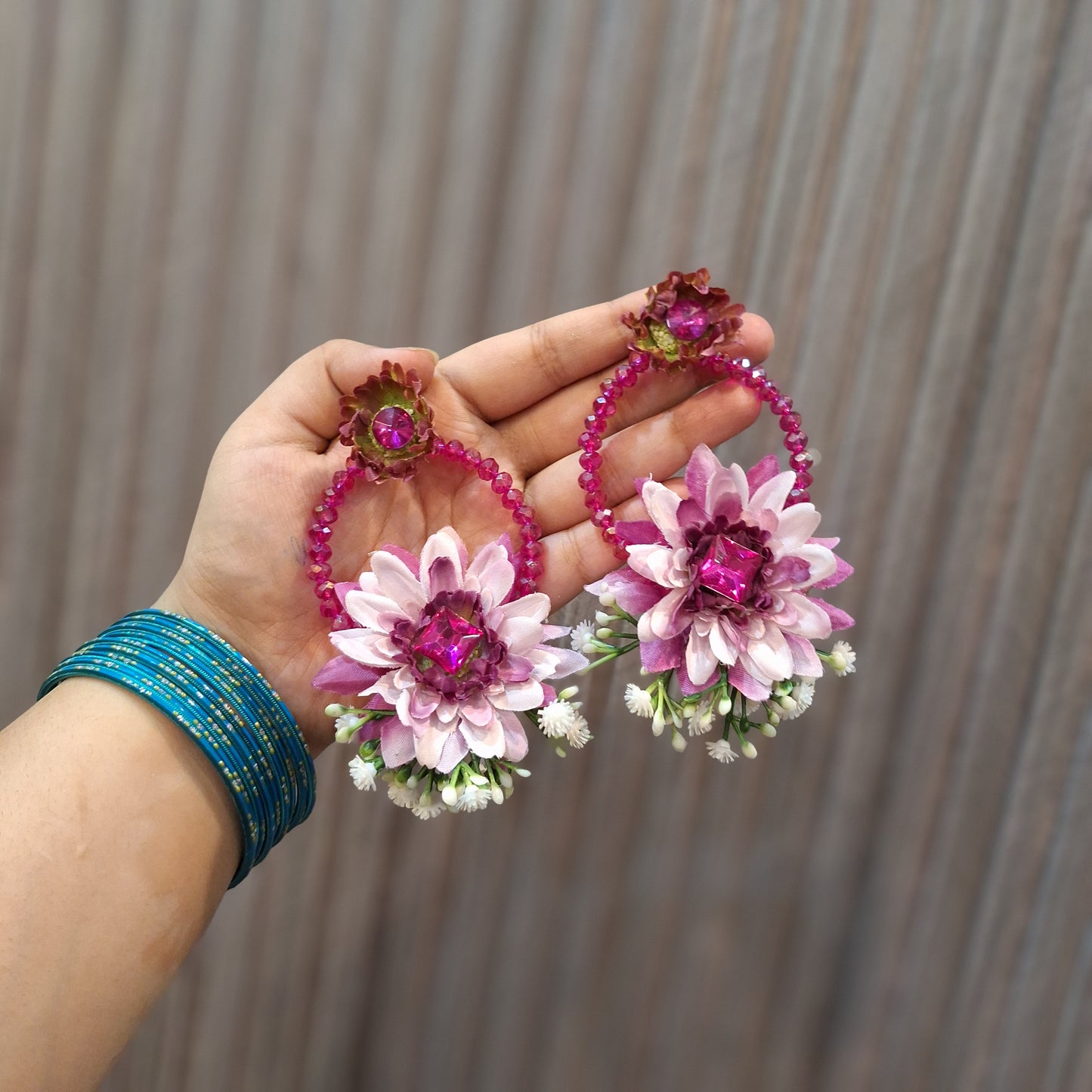 Double shaded floral earrings bindi
