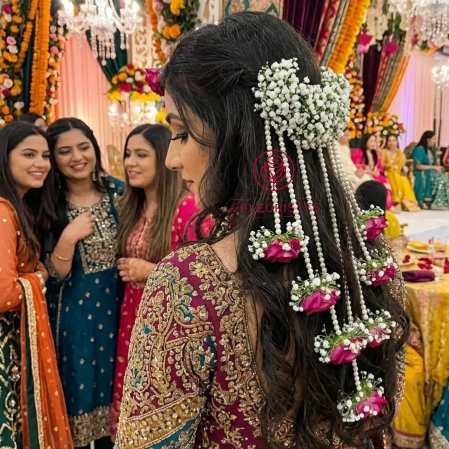 Woman with floral hair accessories at a festive event with decorations and people in colorful attire.