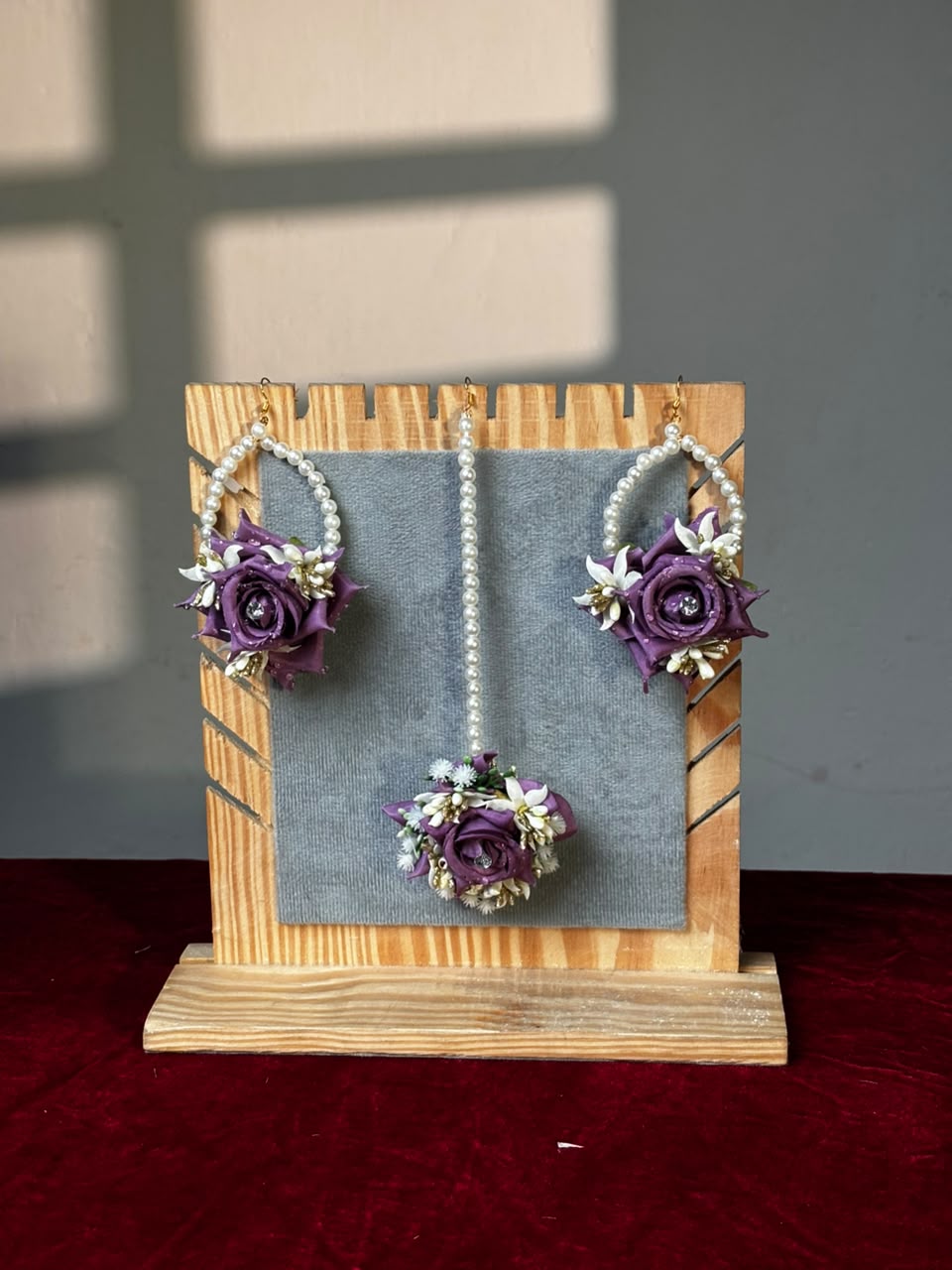 Royal Plum purple rose floral earrings with pearl hoops and maang tikka