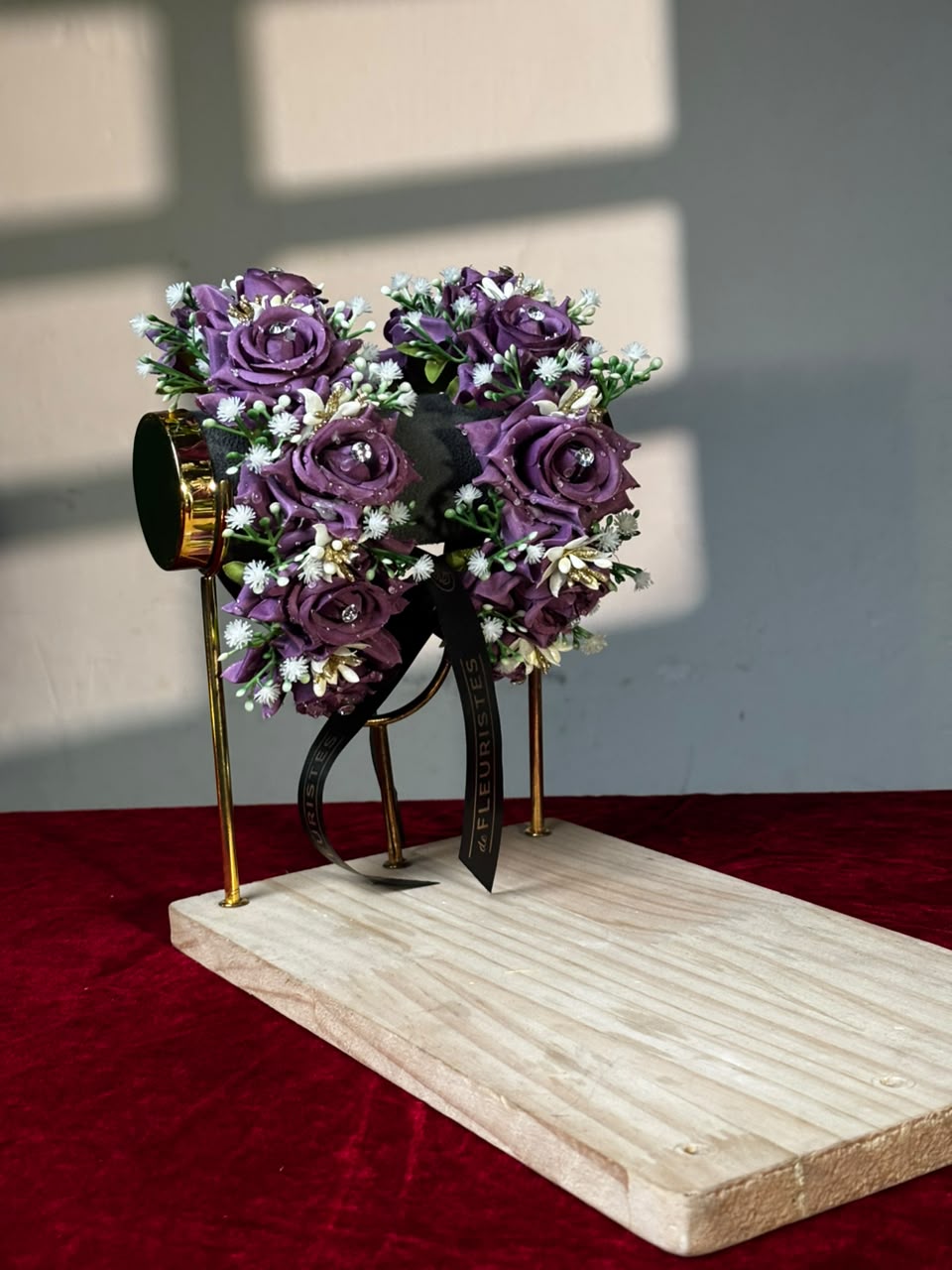 Royal Plum purple rose artificial gajra pair with crystals and white florets