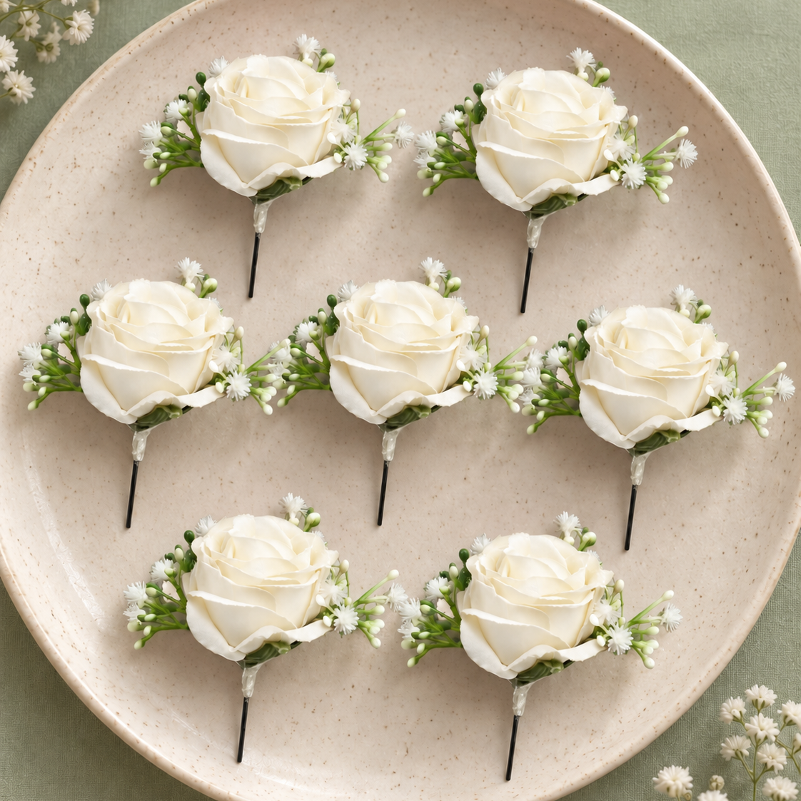 Six white rose boutonniere flower arrangements with small white baby's breath and green leaves on black pins, displayed on a round speckled beige plate over a sage green background.