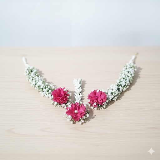 loral earrings with saharay chains featuring delicate artificial blooms and pearls., PINK FLOWER AND ARTIFICIAL BABY BREATH 