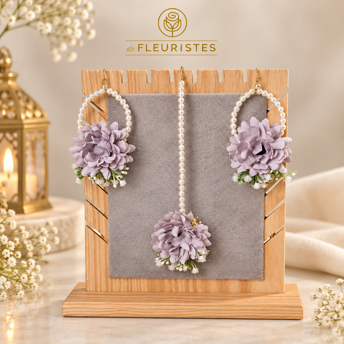 Soft lilac floral earrings and tikka with pearls for Pakistani wedding wear