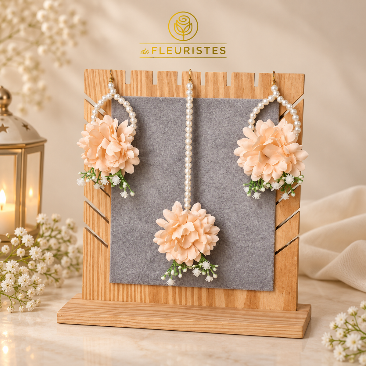Soft peach flower earrings and matching pearl tikka for Mehndi and Mayun