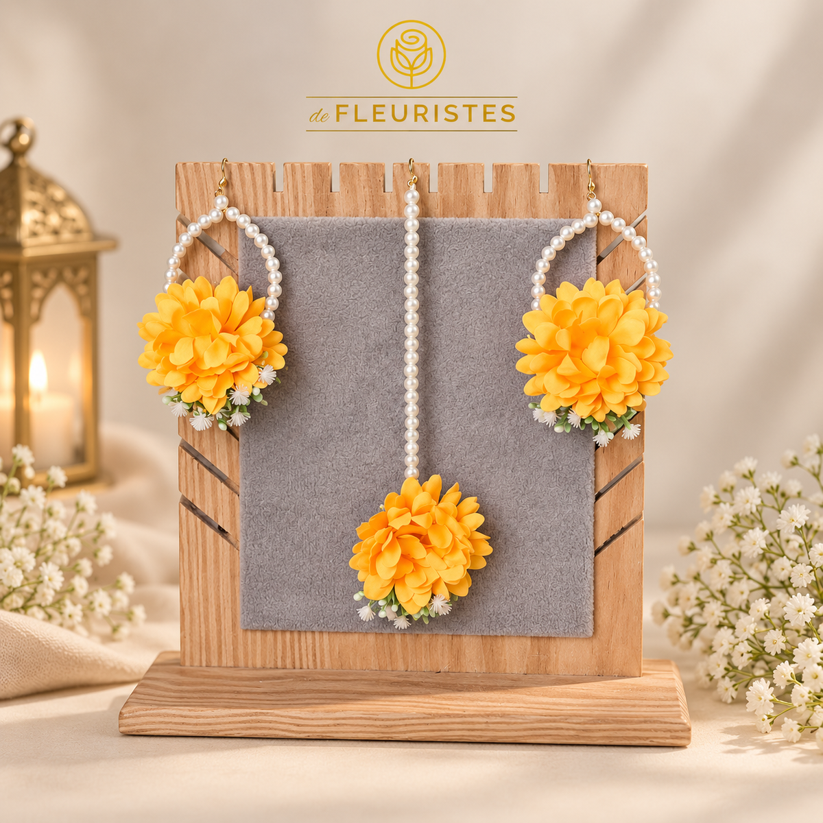 Yellow floral earrings and matching tikka for Haldi, Mehndi and Mayun