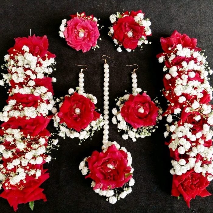 Red and white floral jewely made with rose, babys breath and pearls/ bridal set